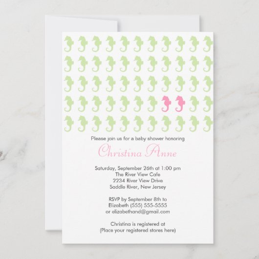 かわいいタツノオトシゴの双生児の女の子の多数のベビーシャワー 招待状 (正面)