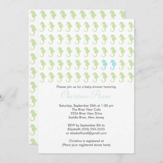 かわいいタツノオトシゴの双生児の男の子の多数のベビーシャワー 招待状 (正面/裏面)