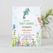 かわいいタツノオトシゴの誕生日ベイビーシャワーの招待状 招待状 (スタンド正面)