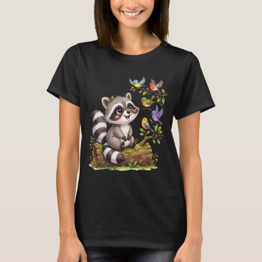 かわいいタヌキのバードウォッチングデザイン Tシャツ (正面)