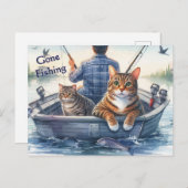 かわいいタビーキャッツ魚釣り入りパパ シーズンポストカード (正面/裏面)