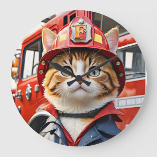 かわいいタビーキャットの水色を変える消防士 ラージ壁時計
