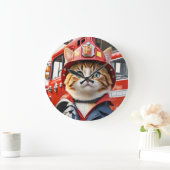 かわいいタビーキャットの水色を変える消防士 ラージ壁時計 (ホーム)
