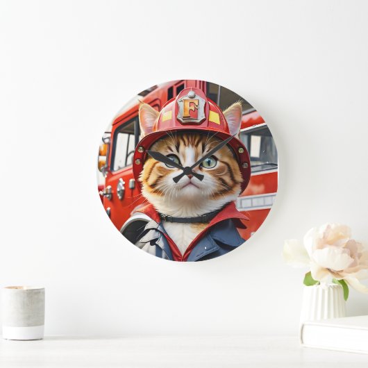 かわいいタビーキャットの水色を変える消防士 ラージ壁時計 (ホーム)
