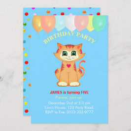かわいいタビーキャット、バルーンと紙吹雪誕生日 招待状