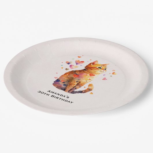 かわいいタビーキャットwithハート誕生日 ペーパープレート (アングル)