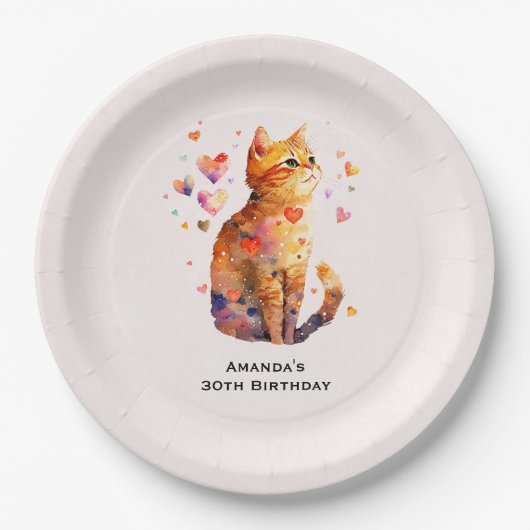 かわいいタビーキャットwithハート誕生日 ペーパープレート (正面)