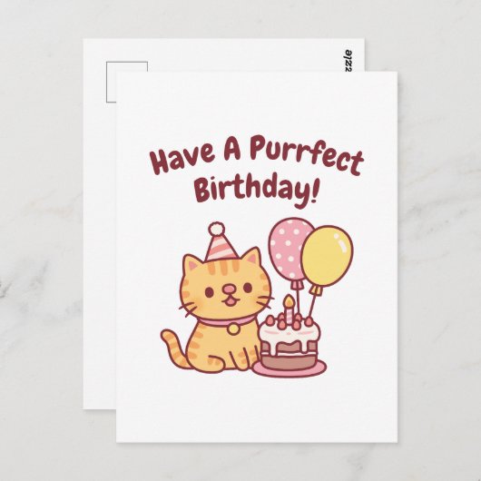 かわいいタビー猫とケーキのぴったりな誕生日 面白い ポストカード (正面/裏面)