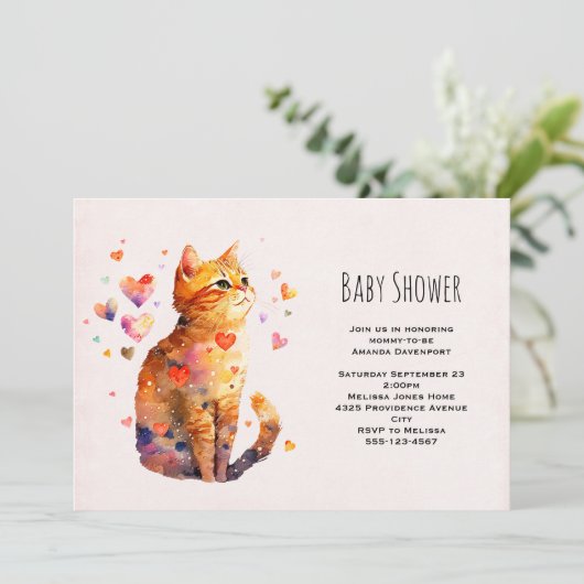 かわいいタビー猫とハートバビシャワー 招待状 (スタンド正面)
