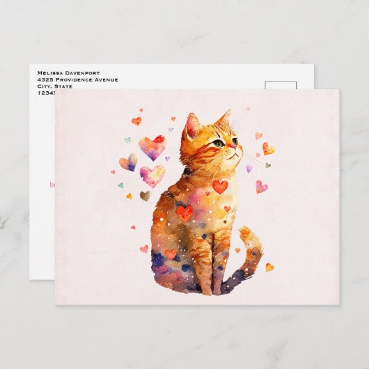 かわいいタビー猫とハートバレンタインデー シーズンポストカード (正面/裏面)