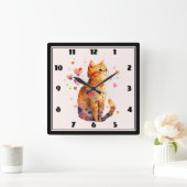 かわいいタビー猫とハート スクエア壁時計 (ホーム)