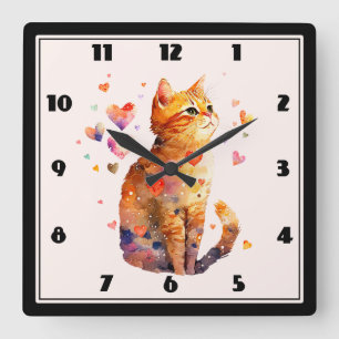 かわいいタビー猫とハート スクエア壁時計