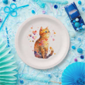 かわいいタビー猫とハート ペーパープレート (パーティー)