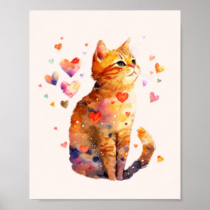かわいいタビー猫とハート ポスター
