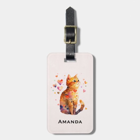 かわいいタビー猫とハート ラゲッジタグ (正面縦)