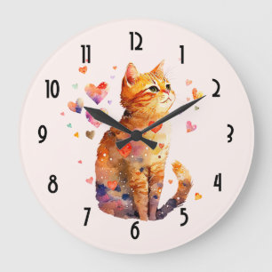 かわいいタビー猫とハート ラージ壁時計