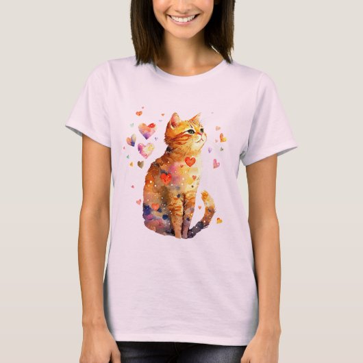 かわいいタビー猫とハート Tシャツ (正面)