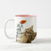かわいいタビー猫と花と小鳥 ツートーンマグカップ (左)