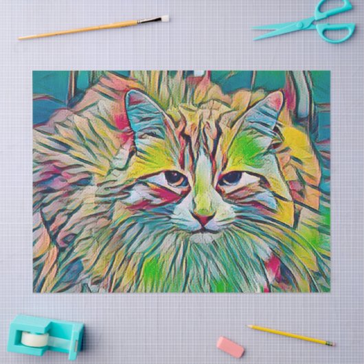 かわいいタビー猫のカラフル抽象芸術グリーンブルーアート 薄葉紙 (クラフト)