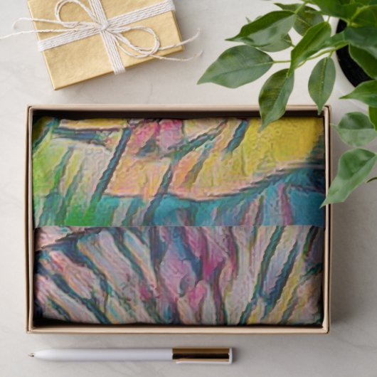 かわいいタビー猫のカラフル抽象芸術グリーンブルーアート 薄葉紙 (ギフト)