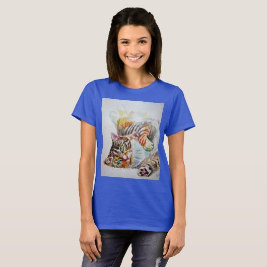 かわいいタビー猫の水彩猫ガールズTシャツトップ Tシャツ (正面フル)
