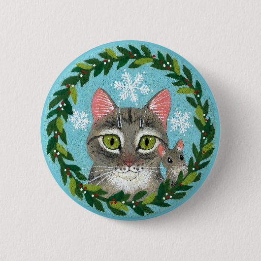 かわいいタビー猫、マウス冬クリスマス雪ボタン 缶バッジ (正面)