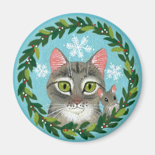 かわいいタビー猫、マウス、クリスマス冬の雪 マグネット