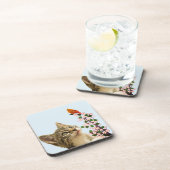 かわいいタビー猫 & 小さな鳥 ライトブルー コースター (右側)