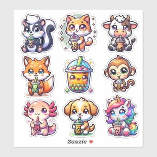 かわいいタピオカティーと動物たち シール (シート)