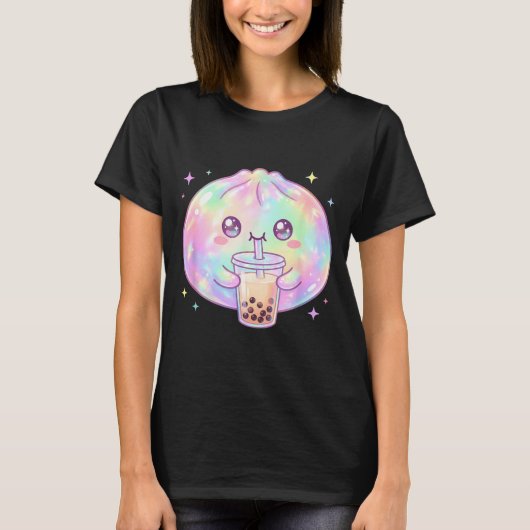 かわいいタピオカティーを飲むお団子のかわいいタピオカティー Tシャツ (正面)