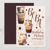 かわいいタピオカ猫のキャラクター誕生日パーティー 招待状 (正面/裏面)