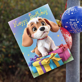 かわいいタン＆ホワイトの子犬の誕生日ギフト カード