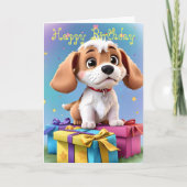 かわいいタン&ホワイトの子犬の誕生日ギフト カード (正面)