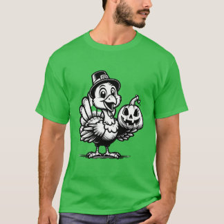 かわいいターキーがカボチャとポーズをとる　秋の収穫アニメ Tシャツ