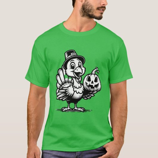 かわいいターキーがカボチャとポーズをとる 秋の収穫アニメ Tシャツ (正面)