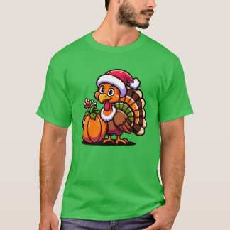 かわいいターキーがカボチャとポーズをとる　秋の収穫アニメ Tシャツ
