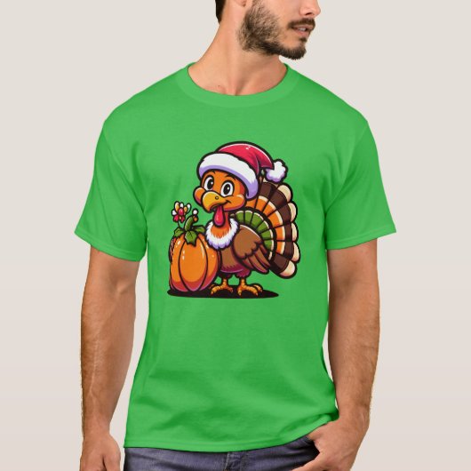 かわいいターキーがカボチャとポーズをとる 秋の収穫アニメ Tシャツ (正面)