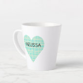 かわいいターコイズとイエロープレイドハートのNAME カフェラテマグ (左アングル)