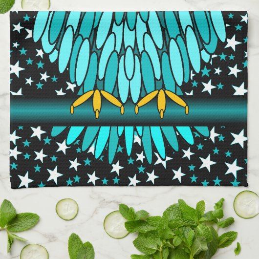 かわいいターコイズのフクロウ キッチンタオル (折り畳み)