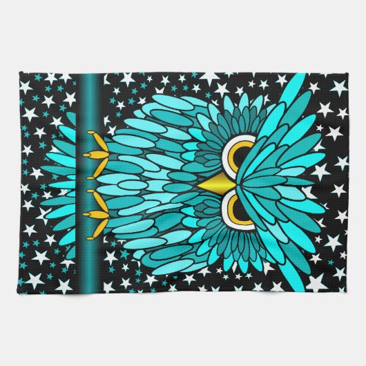 かわいいターコイズのフクロウ キッチンタオル (横)