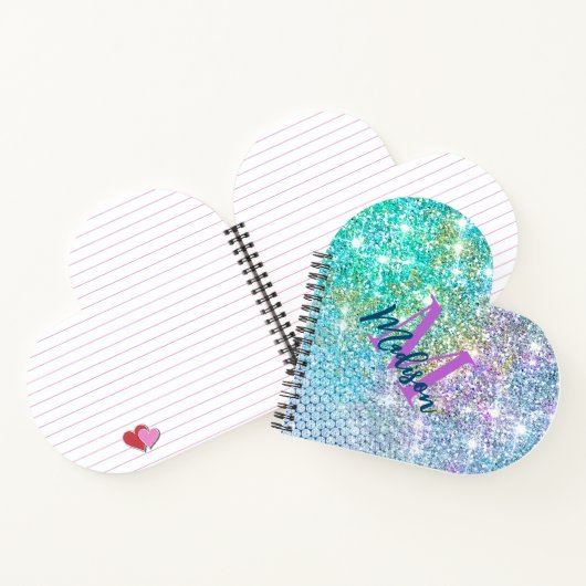 かわいいターコイズのユニコーンの偽のグリッターモノグラムノートブック ノートブック (内部)