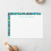 かわいいターコイズの花柄 ノートカード (正面/裏面インサイチュ)