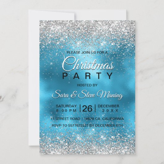 かわいいターコイズシルバーフェイクグリッタークリスマス 招待状 (正面)