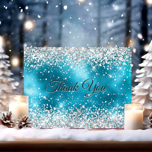 かわいいターコイズシルバーフェイクグリッター サンキューカード