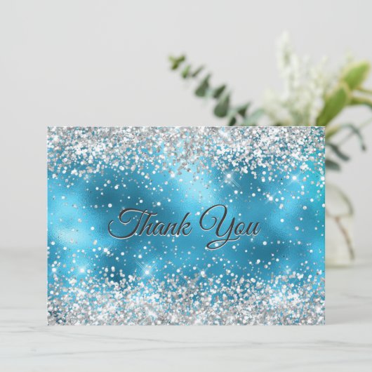 かわいいターコイズシルバー疑似グリッター サンキューカード (スタンド正面)