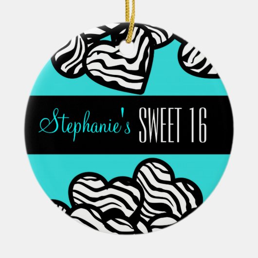 かわいいターコイズゼブラハートスウィート16オーナメント セラミックオーナメント (正面)