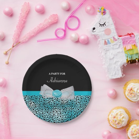 かわいいターコイズチーテプリントフリリーボウパーティー名 ペーパープレート (パーティー)