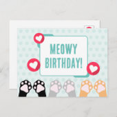 かわいいターコイズドットの猫の手がハッピーバースデー ポストカード (正面/裏面)