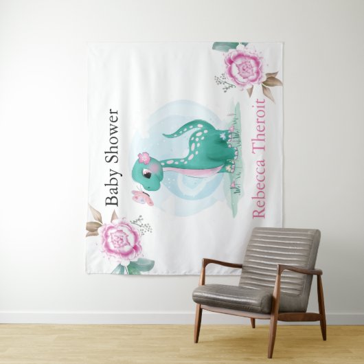 かわいいターコイズピンクの恐竜のベビーシャワーの背景 タペストリー (インサイチュ)