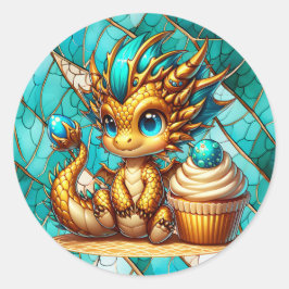 かわいいターコイズブルーとゴールドのドラゴン 男の子の誕生日パーティー ラウンドシール
